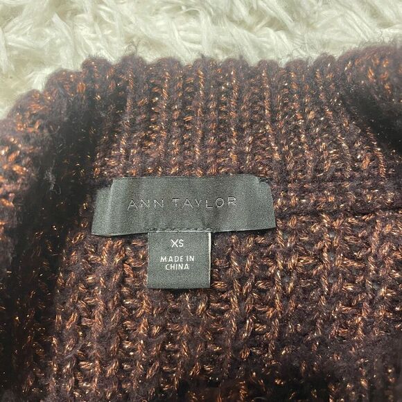 Ann Taylor SHIMMER Chunky Knit Crew Neck Sweater SPICED COCOA XS Balloon Sleeves - Picture 3 of 8